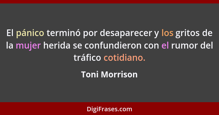 El pánico terminó por desaparecer y los gritos de la mujer herida se confundieron con el rumor del tráfico cotidiano.... - Toni Morrison