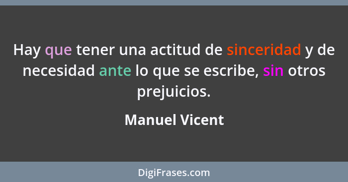 Hay que tener una actitud de sinceridad y de necesidad ante lo que se escribe, sin otros prejuicios.... - Manuel Vicent