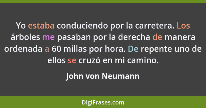 Yo estaba conduciendo por la carretera. Los árboles me pasaban por la derecha de manera ordenada a 60 millas por hora. De repente u... - John von Neumann