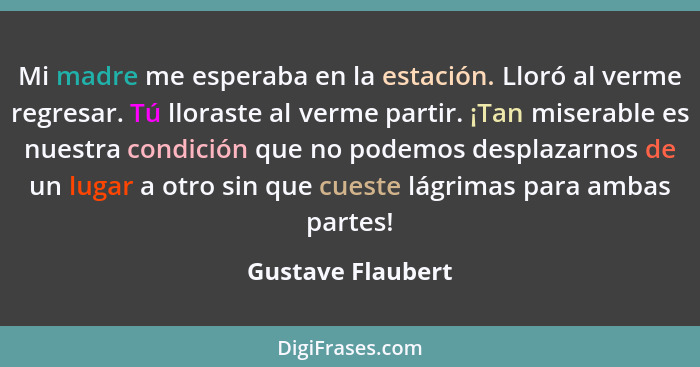 Mi madre me esperaba en la estación. Lloró al verme regresar. Tú lloraste al verme partir. ¡Tan miserable es nuestra condición que... - Gustave Flaubert