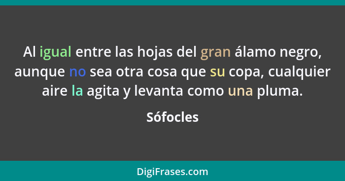 Al igual entre las hojas del gran álamo negro, aunque no sea otra cosa que su copa, cualquier aire la agita y levanta como una pluma.... - Sófocles