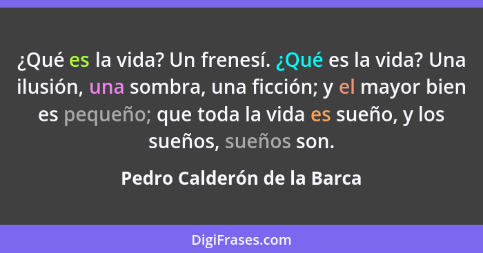 ¿Qué es la vida? Un frenesí. ¿Qué es la vida? Una ilusión, una sombra, una ficción; y el mayor bien es pequeño; que toda... - Pedro Calderón de la Barca