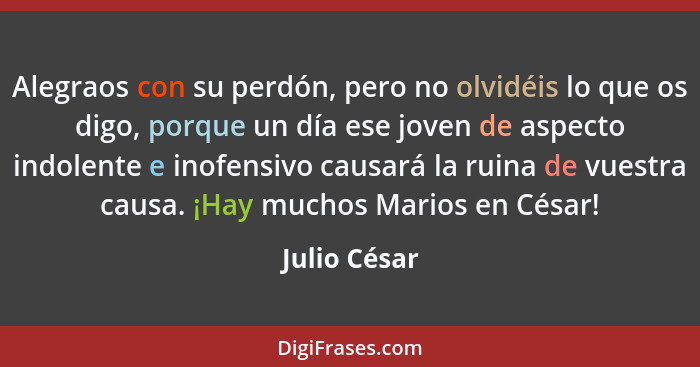 Alegraos con su perdón, pero no olvidéis lo que os digo, porque un día ese joven de aspecto indolente e inofensivo causará la ruina de v... - Julio César