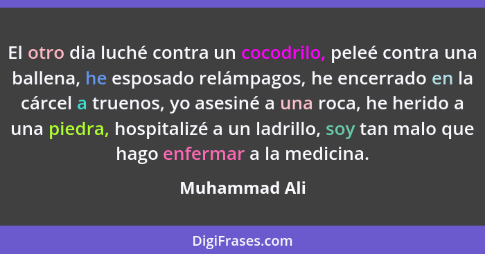 El otro dia luché contra un cocodrilo, peleé contra una ballena, he esposado relámpagos, he encerrado en la cárcel a truenos, yo asesin... - Muhammad Ali