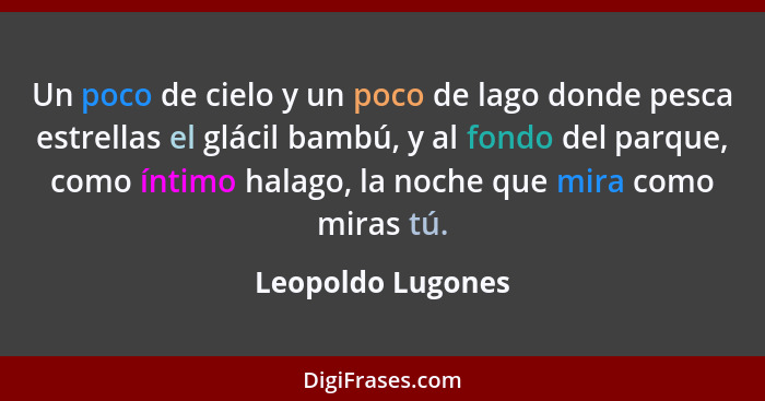 Un poco de cielo y un poco de lago donde pesca estrellas el glácil bambú, y al fondo del parque, como íntimo halago, la noche que m... - Leopoldo Lugones