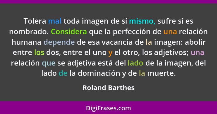 Tolera mal toda imagen de sí mismo, sufre si es nombrado. Considera que la perfección de una relación humana depende de esa vacancia... - Roland Barthes