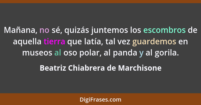 Mañana, no sé, quizás juntemos los escombros de aquella tierra que latía, tal vez guardemos en museos al oso polar,... - Beatriz Chiabrera de Marchisone