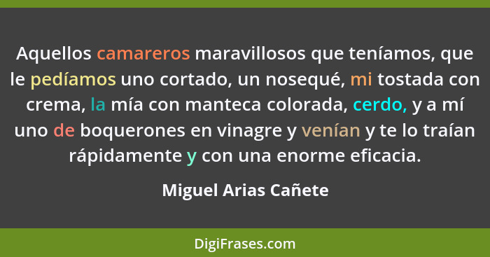 Aquellos camareros maravillosos que teníamos, que le pedíamos uno cortado, un nosequé, mi tostada con crema, la mía con manteca... - Miguel Arias Cañete