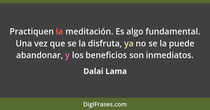 Practiquen la meditación. Es algo fundamental. Una vez que se la disfruta, ya no se la puede abandonar, y los beneficios son inmediatos.... - Dalai Lama
