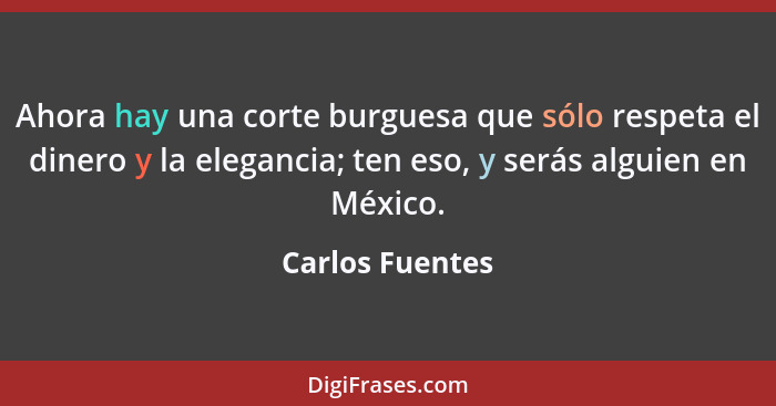 Ahora hay una corte burguesa que sólo respeta el dinero y la elegancia; ten eso, y serás alguien en México.... - Carlos Fuentes