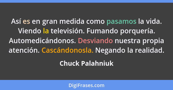 Así es en gran medida como pasamos la vida. Viendo la televisión. Fumando porquería. Automedicándonos. Desviando nuestra propia aten... - Chuck Palahniuk