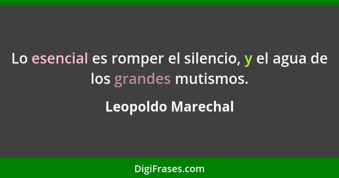 Lo esencial es romper el silencio, y el agua de los grandes mutismos.... - Leopoldo Marechal