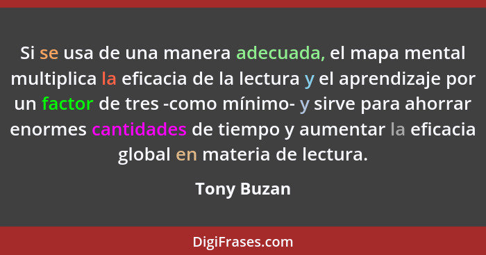 Si se usa de una manera adecuada, el mapa mental multiplica la eficacia de la lectura y el aprendizaje por un factor de tres -como mínimo... - Tony Buzan