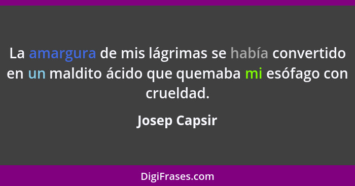La amargura de mis lágrimas se había convertido en un maldito ácido que quemaba mi esófago con crueldad.... - Josep Capsir