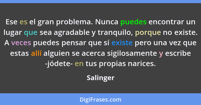 Ese es el gran problema. Nunca puedes encontrar un lugar que sea agradable y tranquilo, porque no existe. A veces puedes pensar que sí exis... - Salinger