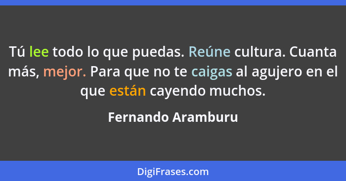 Tú lee todo lo que puedas. Reúne cultura. Cuanta más, mejor. Para que no te caigas al agujero en el que están cayendo muchos.... - Fernando Aramburu