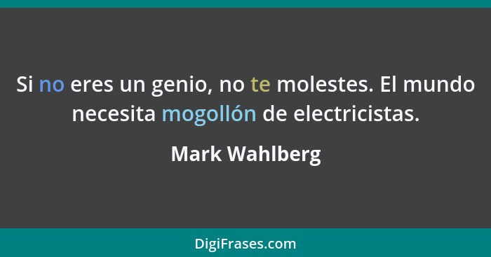 Si no eres un genio, no te molestes. El mundo necesita mogollón de electricistas.... - Mark Wahlberg