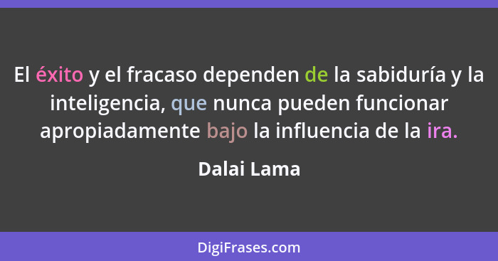 El éxito y el fracaso dependen de la sabiduría y la inteligencia, que nunca pueden funcionar apropiadamente bajo la influencia de la ira.... - Dalai Lama