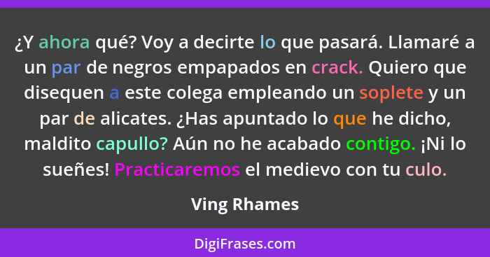 ¿Y ahora qué? Voy a decirte lo que pasará. Llamaré a un par de negros empapados en crack. Quiero que disequen a este colega empleando un... - Ving Rhames