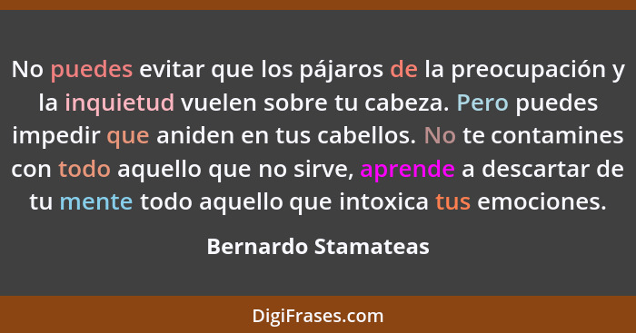 No puedes evitar que los pájaros de la preocupación y la inquietud vuelen sobre tu cabeza. Pero puedes impedir que aniden en tus... - Bernardo Stamateas