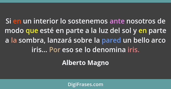 Si en un interior lo sostenemos ante nosotros de modo que esté en parte a la luz del sol y en parte a la sombra, lanzará sobre la pare... - Alberto Magno