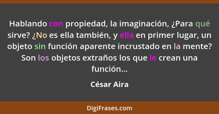 Hablando con propiedad, la imaginación, ¿Para qué sirve? ¿No es ella también, y ella en primer lugar, un objeto sin función aparente incr... - César Aira