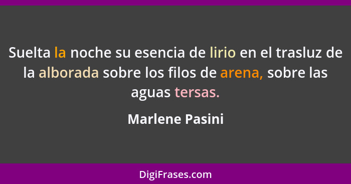 Suelta la noche su esencia de lirio en el trasluz de la alborada sobre los filos de arena, sobre las aguas tersas.... - Marlene Pasini