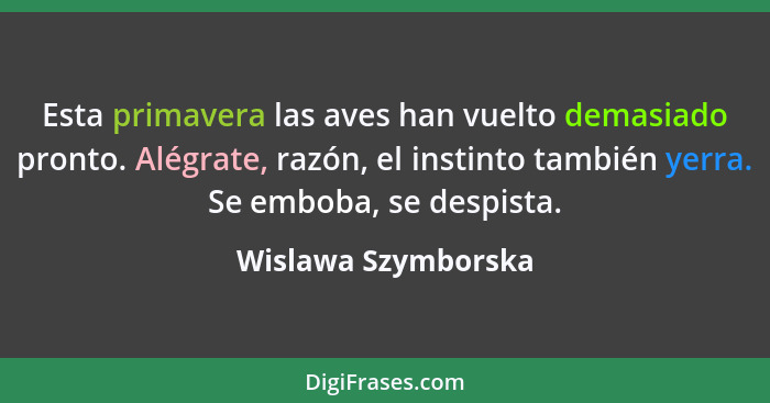 Esta primavera las aves han vuelto demasiado pronto. Alégrate, razón, el instinto también yerra. Se emboba, se despista.... - Wislawa Szymborska