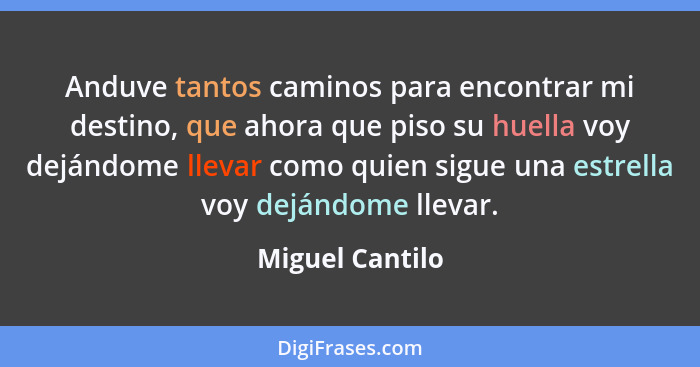 Anduve tantos caminos para encontrar mi destino, que ahora que piso su huella voy dejándome llevar como quien sigue una estrella voy... - Miguel Cantilo