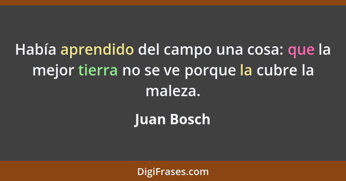 Había aprendido del campo una cosa: que la mejor tierra no se ve porque la cubre la maleza.... - Juan Bosch