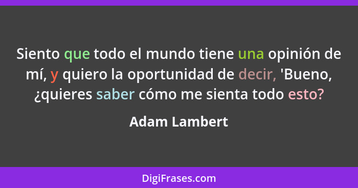 Siento que todo el mundo tiene una opinión de mí, y quiero la oportunidad de decir, 'Bueno, ¿quieres saber cómo me sienta todo esto?... - Adam Lambert