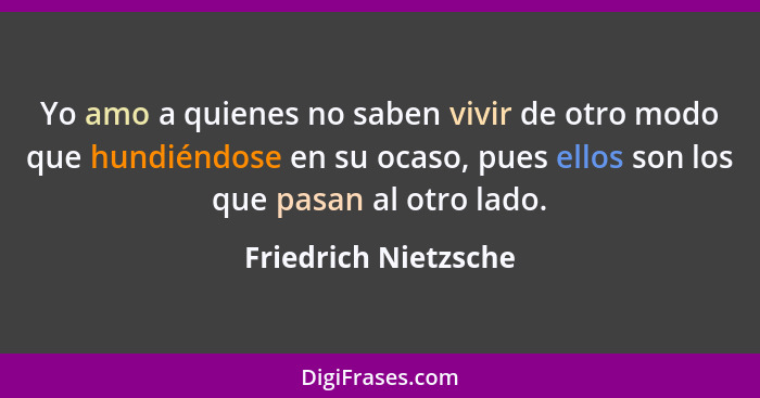 Yo amo a quienes no saben vivir de otro modo que hundiéndose en su ocaso, pues ellos son los que pasan al otro lado.... - Friedrich Nietzsche