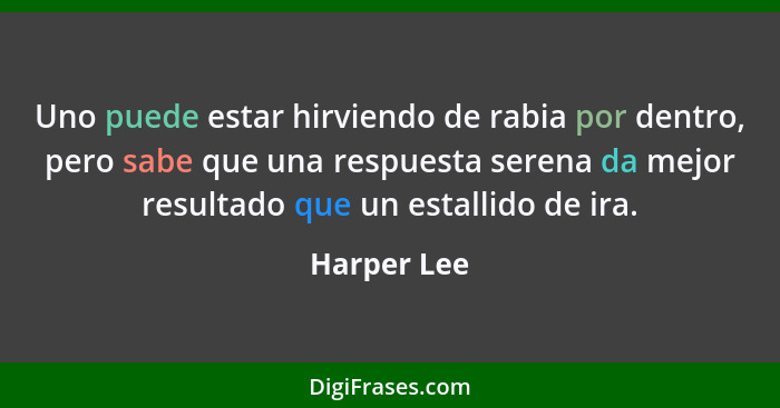 Uno puede estar hirviendo de rabia por dentro, pero sabe que una respuesta serena da mejor resultado que un estallido de ira.... - Harper Lee