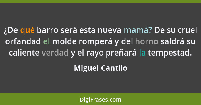 ¿De qué barro será esta nueva mamá? De su cruel orfandad el molde romperá y del horno saldrá su caliente verdad y el rayo preñará la... - Miguel Cantilo