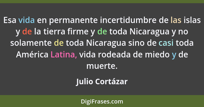 Esa vida en permanente incertidumbre de las islas y de la tierra firme y de toda Nicaragua y no solamente de toda Nicaragua sino de c... - Julio Cortázar