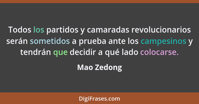 Todos los partidos y camaradas revolucionarios serán sometidos a prueba ante los campesinos y tendrán que decidir a qué lado colocarse.... - Mao Zedong