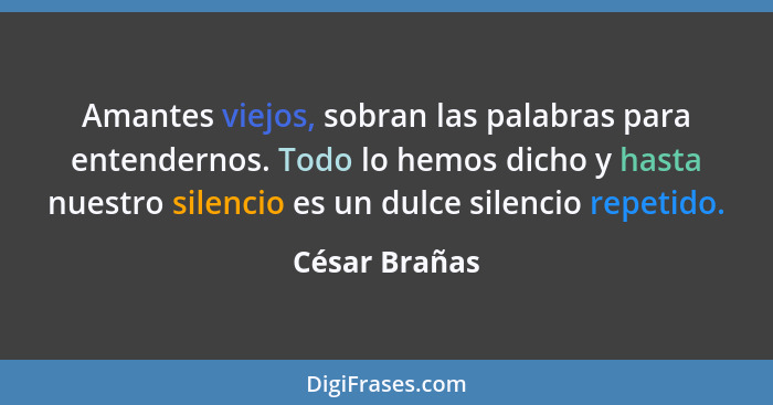 Amantes viejos, sobran las palabras para entendernos. Todo lo hemos dicho y hasta nuestro silencio es un dulce silencio repetido.... - César Brañas