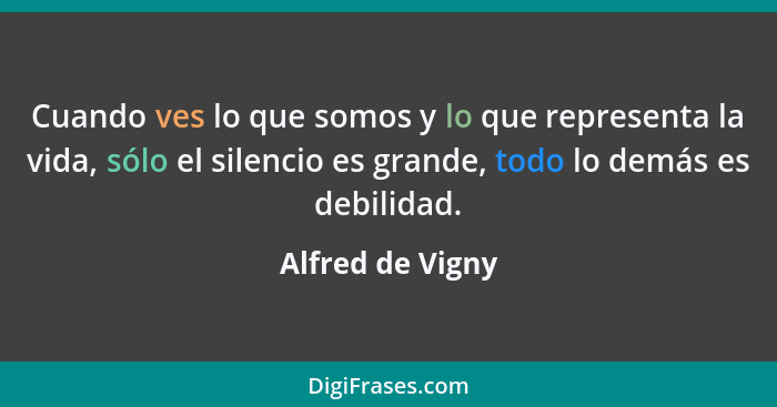 Cuando ves lo que somos y lo que representa la vida, sólo el silencio es grande, todo lo demás es debilidad.... - Alfred de Vigny