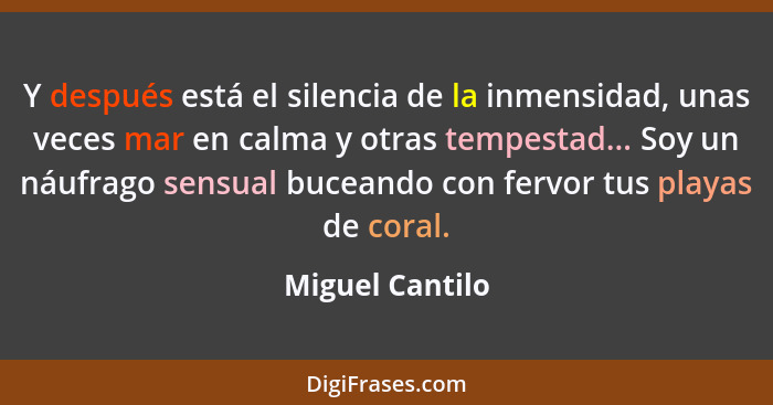 Y después está el silencia de la inmensidad, unas veces mar en calma y otras tempestad... Soy un náufrago sensual buceando con fervor... - Miguel Cantilo