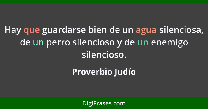 Hay que guardarse bien de un agua silenciosa, de un perro silencioso y de un enemigo silencioso.... - Proverbio Judío