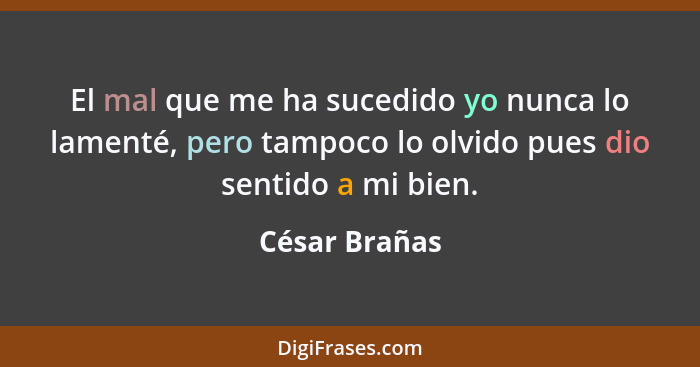 El mal que me ha sucedido yo nunca lo lamenté, pero tampoco lo olvido pues dio sentido a mi bien.... - César Brañas