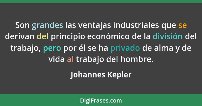 Son grandes las ventajas industriales que se derivan del principio económico de la división del trabajo, pero por él se ha privado d... - Johannes Kepler
