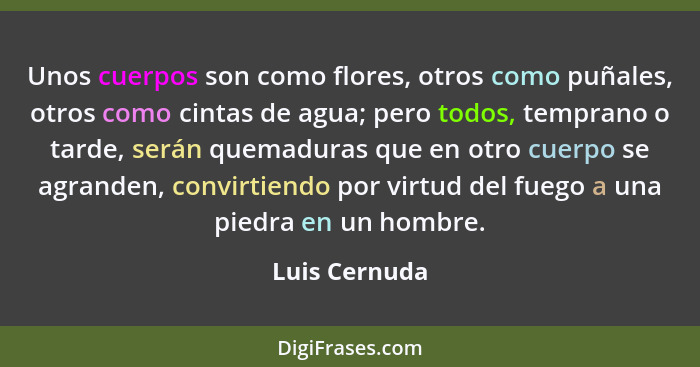 Unos cuerpos son como flores, otros como puñales, otros como cintas de agua; pero todos, temprano o tarde, serán quemaduras que en otro... - Luis Cernuda