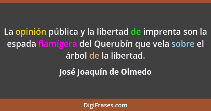 La opinión pública y la libertad de imprenta son la espada flamígera del Querubín que vela sobre el árbol de la libertad.... - José Joaquín de Olmedo