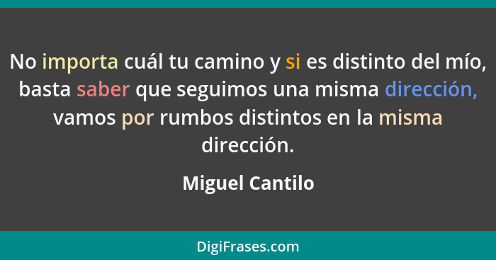 No importa cuál tu camino y si es distinto del mío, basta saber que seguimos una misma dirección, vamos por rumbos distintos en la mi... - Miguel Cantilo