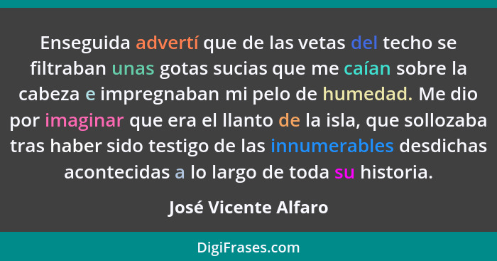 Enseguida advertí que de las vetas del techo se filtraban unas gotas sucias que me caían sobre la cabeza e impregnaban mi pelo d... - José Vicente Alfaro