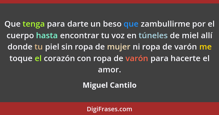 Que tenga para darte un beso que zambullirme por el cuerpo hasta encontrar tu voz en túneles de miel allí donde tu piel sin ropa de m... - Miguel Cantilo