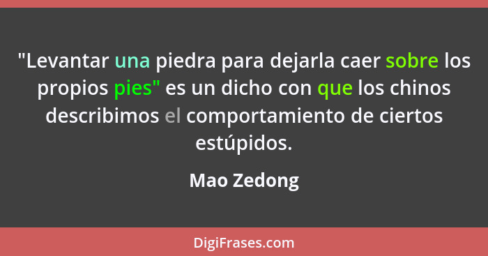 "Levantar una piedra para dejarla caer sobre los propios pies" es un dicho con que los chinos describimos el comportamiento de ciertos es... - Mao Zedong