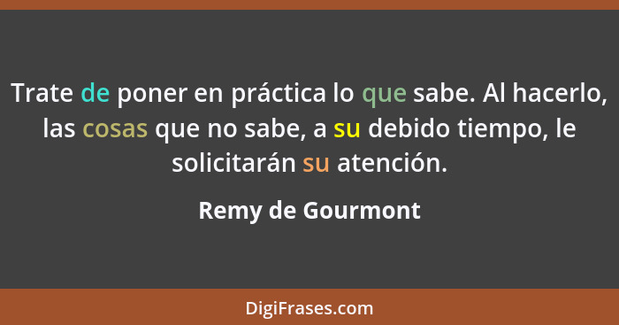 Trate de poner en práctica lo que sabe. Al hacerlo, las cosas que no sabe, a su debido tiempo, le solicitarán su atención.... - Remy de Gourmont