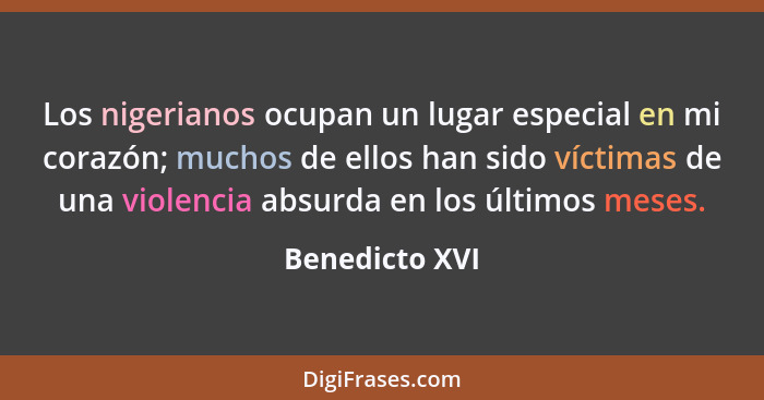 Los nigerianos ocupan un lugar especial en mi corazón; muchos de ellos han sido víctimas de una violencia absurda en los últimos meses... - Benedicto XVI